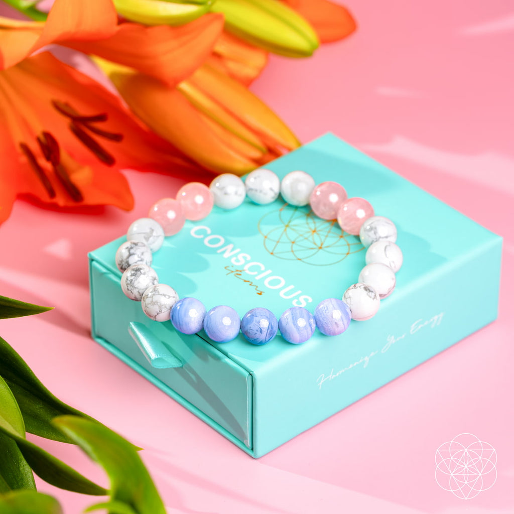 Crystal Bracelet for Sleep & Anxiety – Howlite, Blue Lace Agate & Rose Quartz
