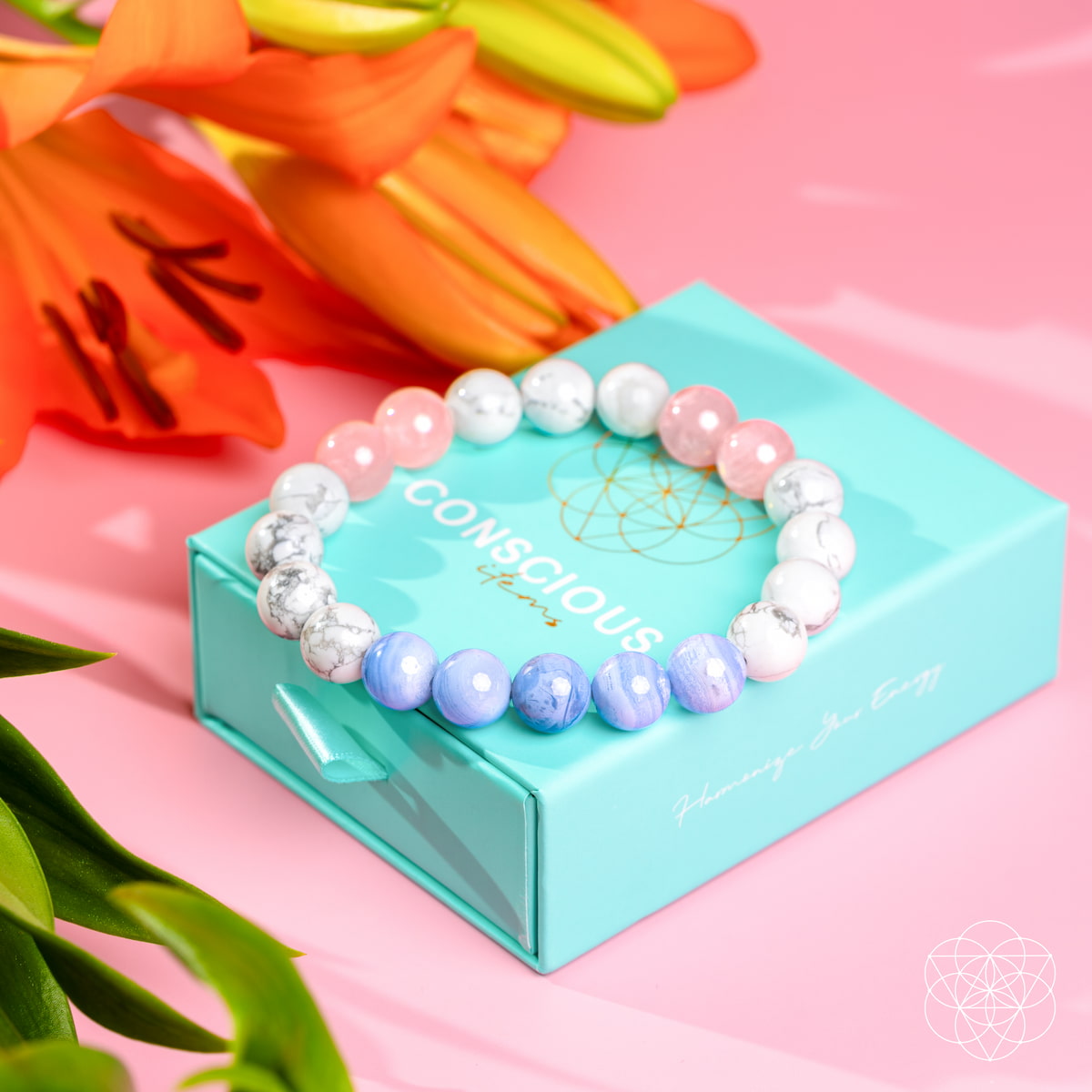 Crystal Bracelet for Sleep & Anxiety – Howlite, Blue Lace Agate & Rose Quartz