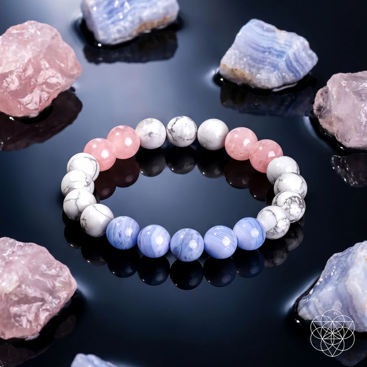 Crystal Bracelet for Sleep & Anxiety – Howlite, Blue Lace Agate & Rose Quartz